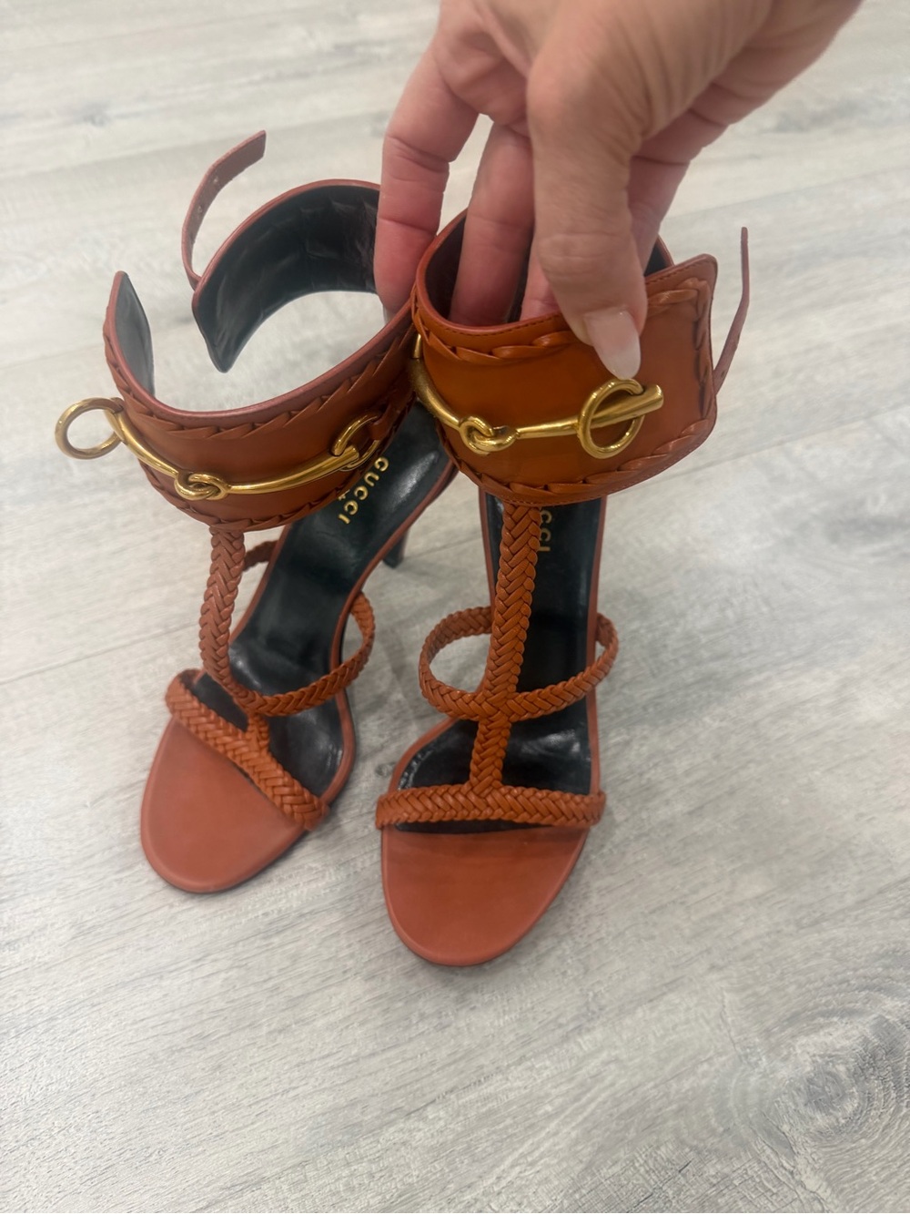 Gucci Braided Leather High Heel Sandals with Gold Horsebit - Tan
